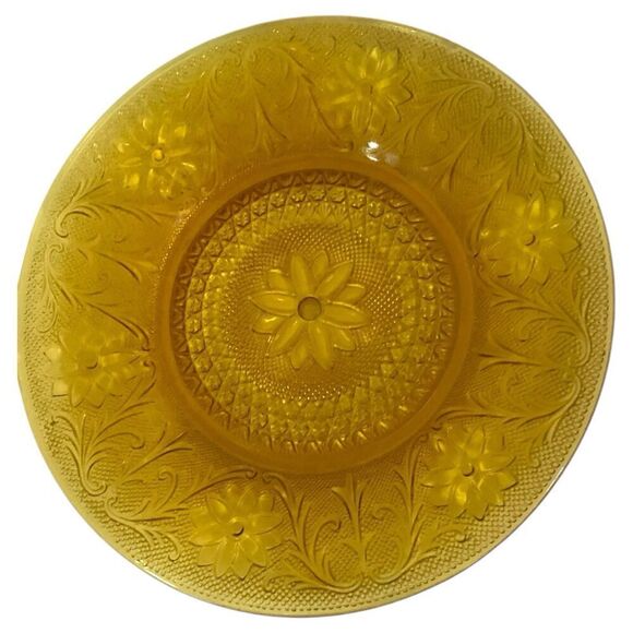 Indiana Tiara Pressed Sandwich Glass Amber Round Serving Tray Chop Plate - Picture 1 of 3